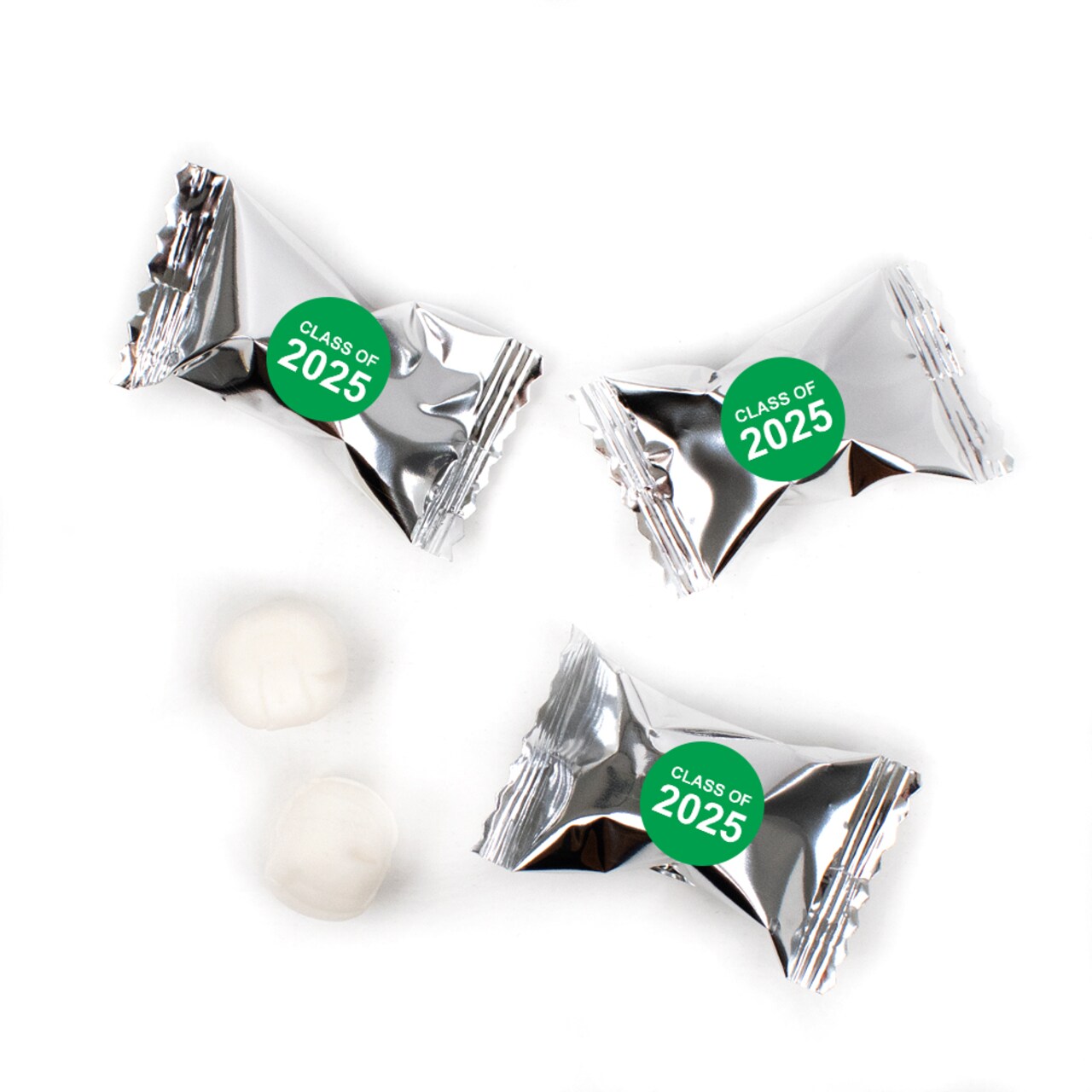 Green Graduation Candy Mints Party Favors Silver Individually Wrapped Buttermints Class of 2025 - 55 Pcs
